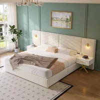 Luxurious King Platform Bed Frame, Velvet Upholstered Headboard with 2 Built-in Wall Sconces & Nightstands, Sturdy Metal & Solid 1