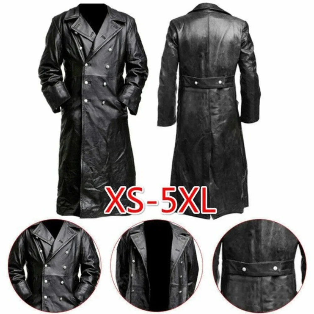 

Long Faux Leather Jacket for Men, Double-Breasted Lapel Pockets, Retro Clothing, Plus Size, Autumn and Winter