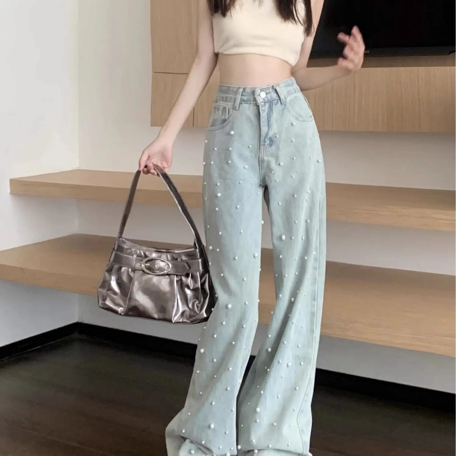 Women's Jeans High Waist Straight Blue Beaded Pearls Denim Pants Spring Autumn Chic Streetwear Design Baggy Jeans Women Clothing - 5