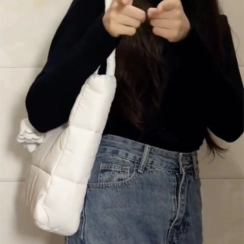 JIAERDI Sweet Cute Puffed Check Pattern Handbag Women New Large Capacity Tote Bag Ladies Nylon Cotton Filled Casual Underarm Bag