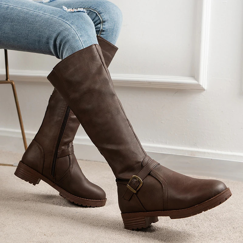 

Women's Wide Calf Wear-resistant Riding Boots, Solid Color Zip Back Boots, Women's Footwear