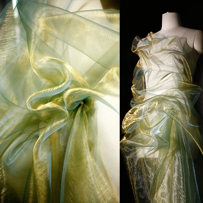 Yellow-green light water silk gauze liquid organza gauze fabric dress skirt coat clothing designer fabric