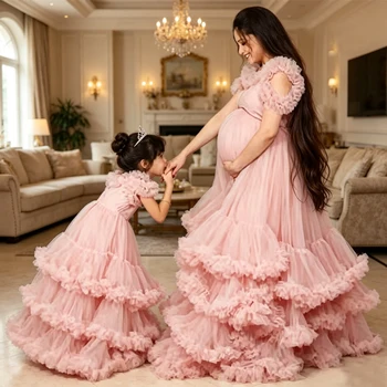 Matching Mother-Daughter Tulle Dress, Tiered Ruffle Maternity Gown & Kids' Dress Set for Maternity Photoshoot & baby shower