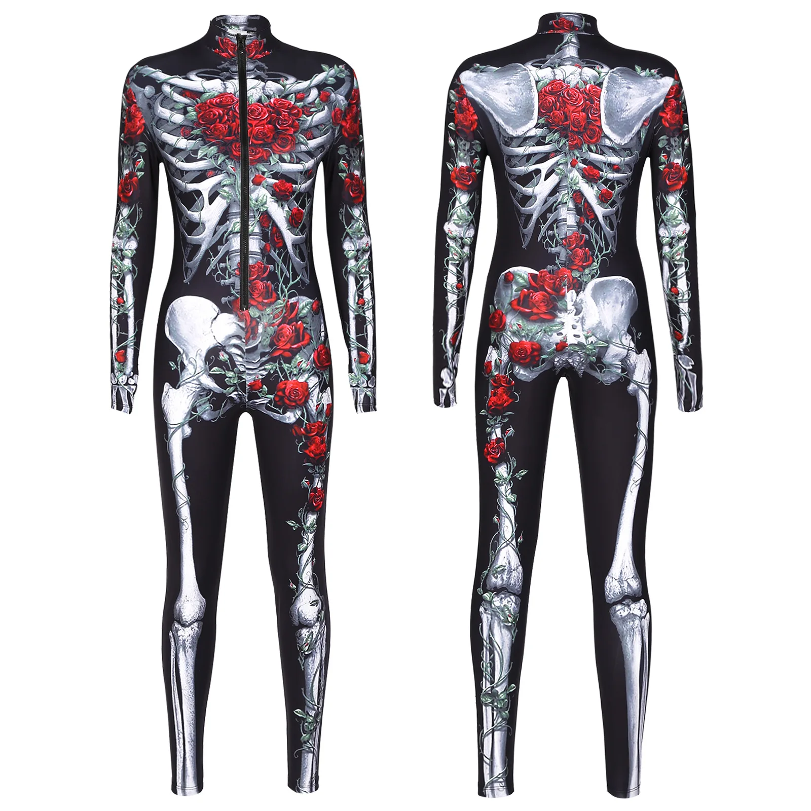 

Womens Stylish Print Zipper Bodysuit Shoulder Pad Long Sleeve Catsuit Skinny Jumpsuit Halloween Cosplay Costume
