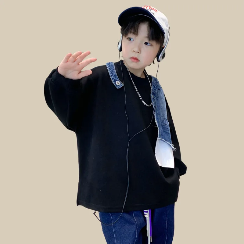 Boy Denim Sweatshirt Stitching Denim Outerwear For Kids Children Pullover 2024 Spring Autumn Teenager Windbreaker Korean Version