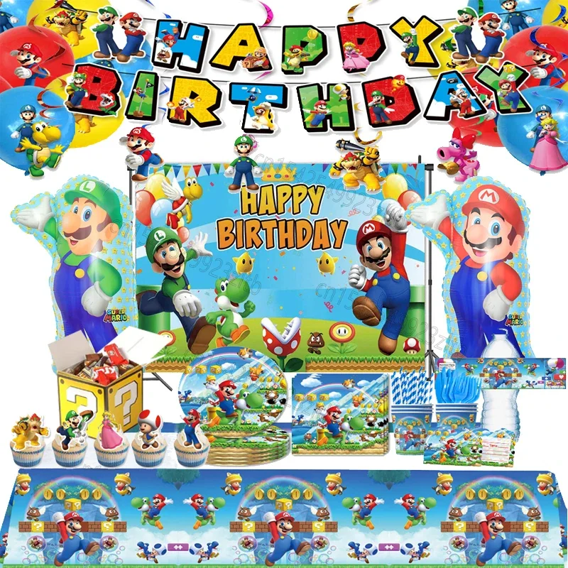 thumbnail image 2 of Juego de decoración para fiesta de cumpleaños de Mario Bros, vajilla temática de Super Mario Brother, vasos, platos, globos, suministros para fiesta, telón de fondo para niños, 2 of 5