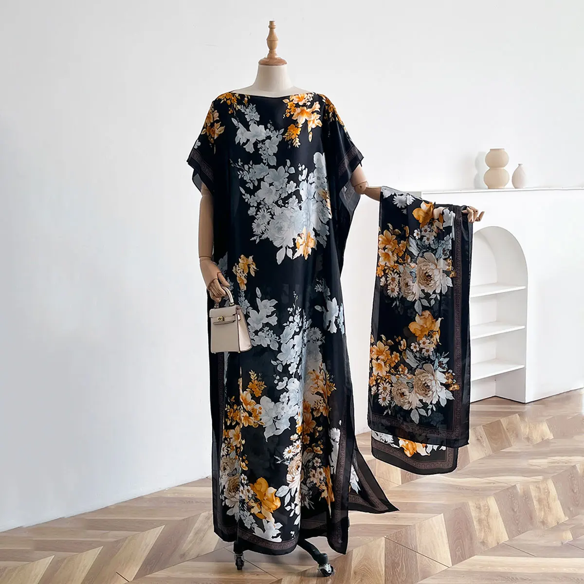 2025 Fashion Dubai Abaya For Women Summer Short Sleeve Cotton Print Dress Loose Lady Maxi Islam African Dress With Big Scarf