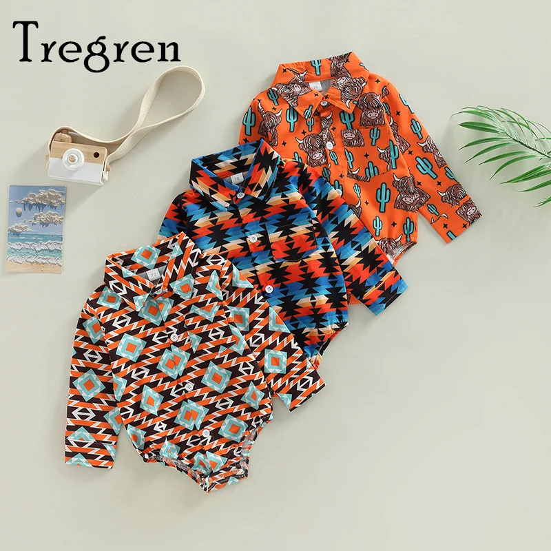 

Tregren Infant Baby Boy Gentleman Jumpsuit Casual Bull Head/ Stripe Print Long Sleeve Button Romper for Infant Toddler 0-24M