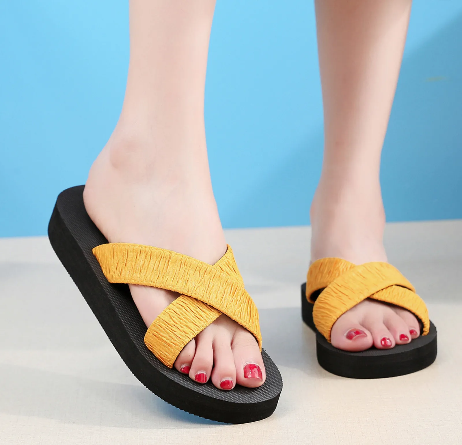 

Fashion Women Beach Slippers Casual Open Toe Non Slip Wedges Breathable Ladies Shoes Solid Cross Strap Concise Daily Slippers