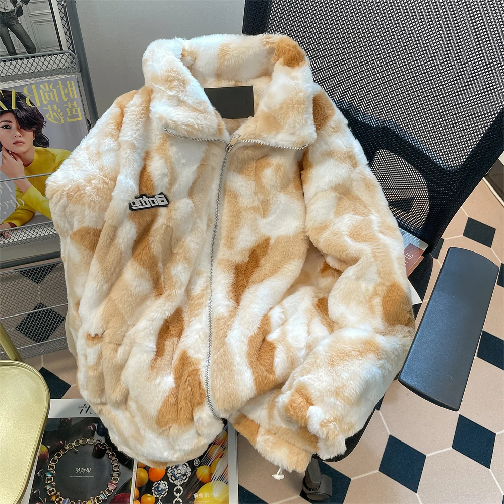 

Tie Dye Women Cotton Coat Thick Warm Lamb Fleece Winter Jacket Loose Long Sleeve Stand Collar Soft Fluffy Padded Coats
