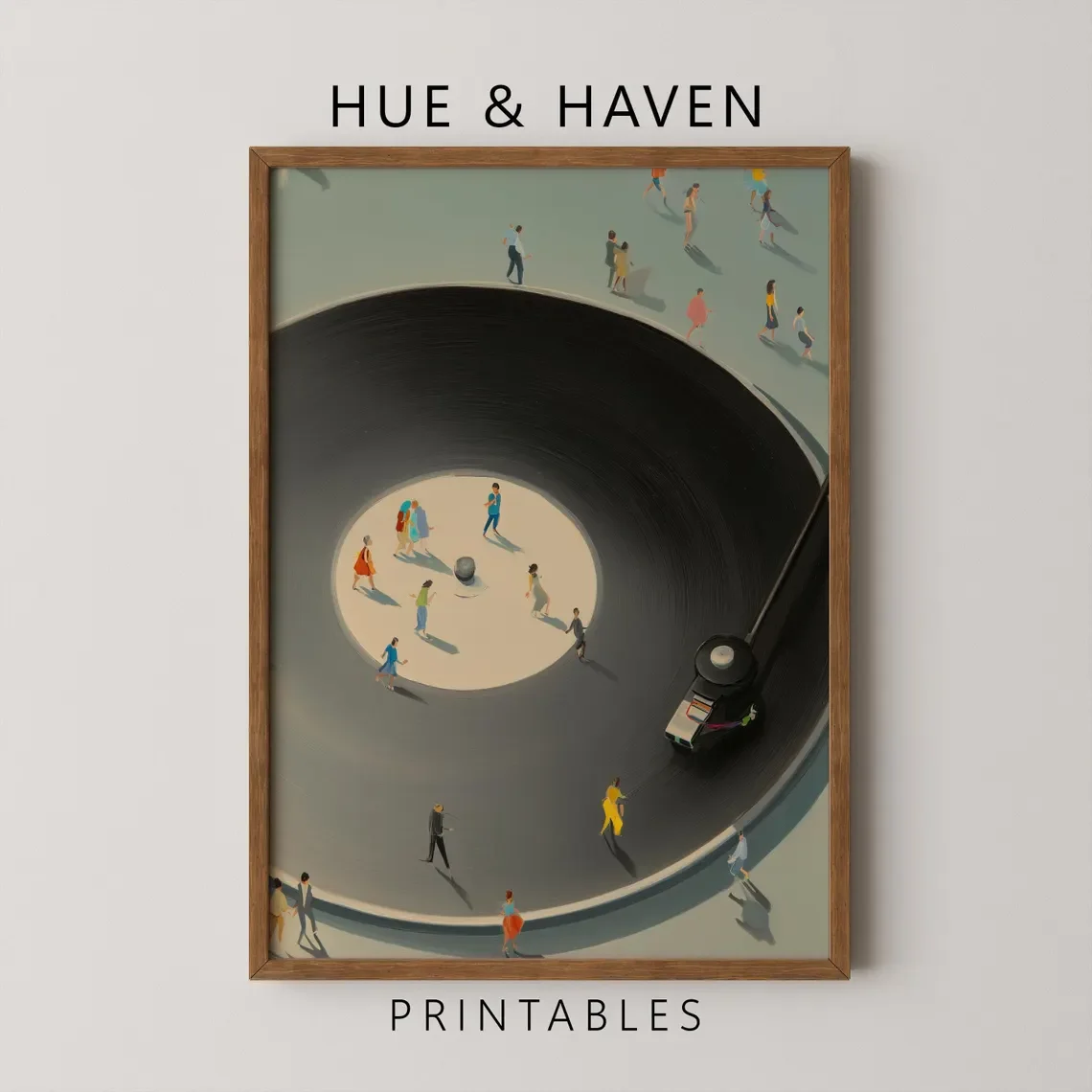 비닐 레코드 플레이어 아트 프린트 레트로 턴테이블과 작은 춤추는 사람들 벽 장식 디지털 다운로드