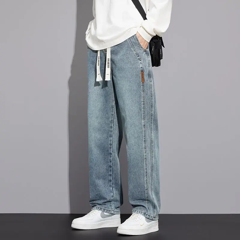 Korean Vintage Blue Wash Loose Casual Wide Leg Jeans Men Elastic Waist Drawstring Pocket Summer Versatile Straight Denim Pants
