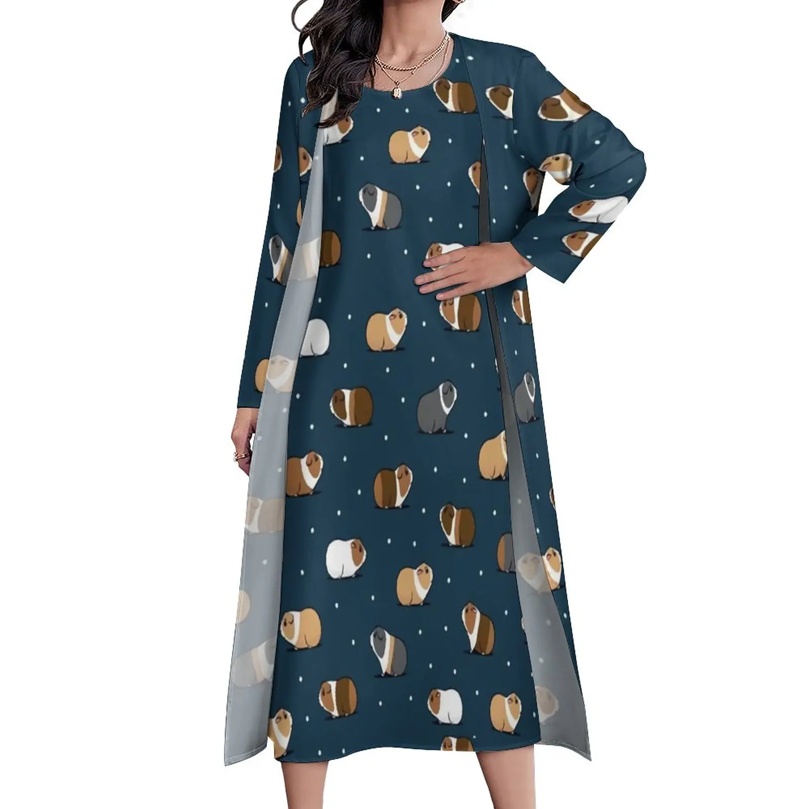 

Little Guinea Pig Dress Cute Animal Print Vintage Maxi Dress Street Wear Boho Beach Long Dresses Autumn Two Piece Vestidos