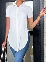 2024 Solid Button Front Shirt Casual Turn Down Collar Office Work Shirt Women's Clothing - Image 2
