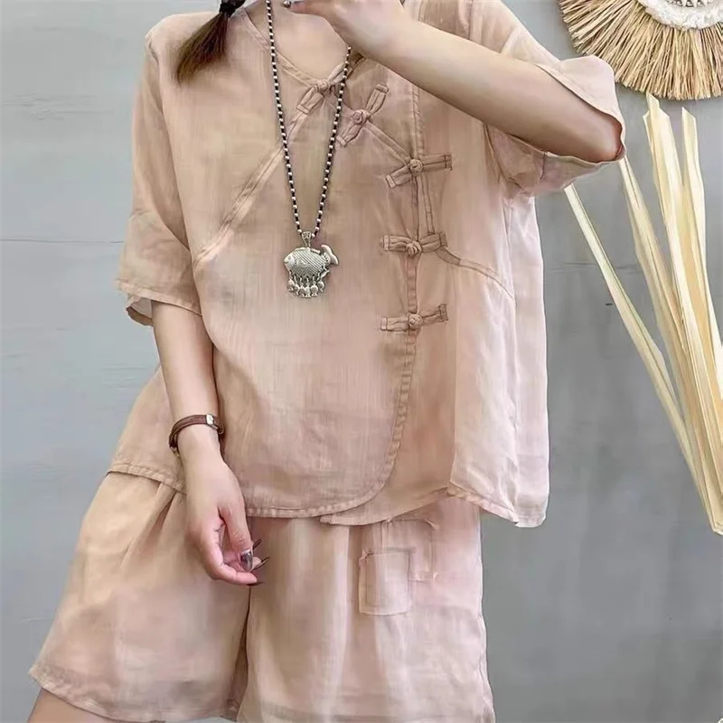 2025 Spring/Summer Set New Artistic Retro Handmade Pan Button Cotton and Hemp Top+Shorts Two Piece Set V-neck Short Sleeve Shirt