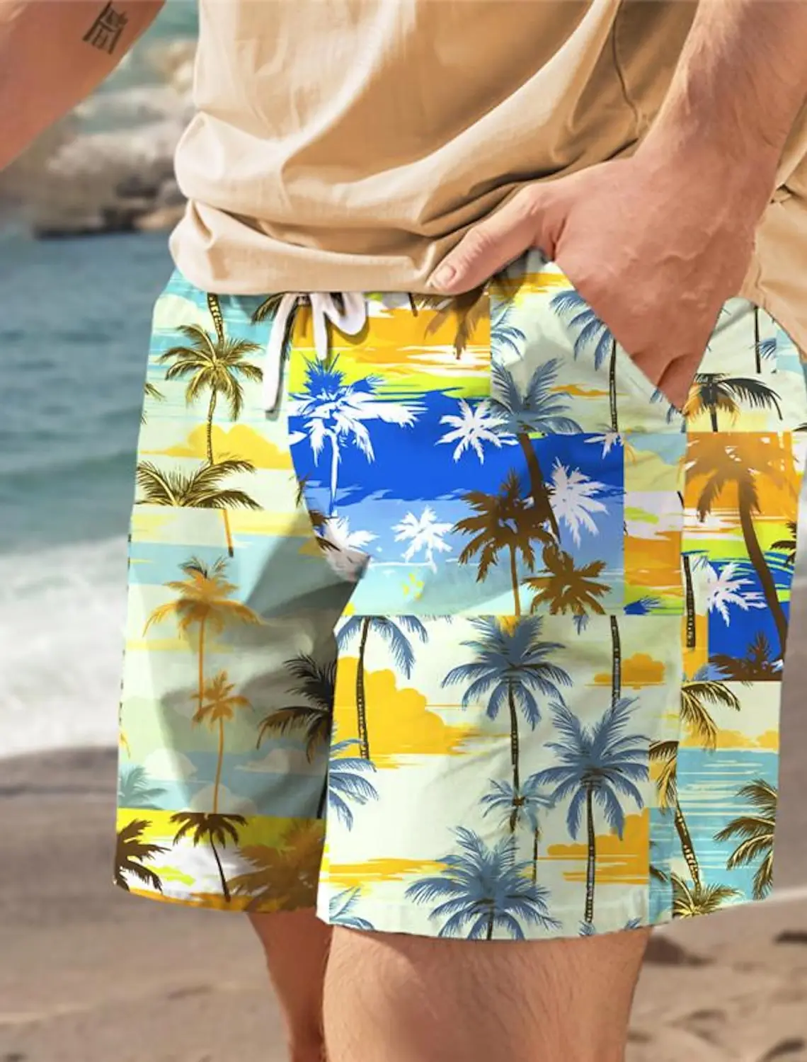 Fashion Palm Tree Tropical Printed Men's Board Shorts Hawaiian Swim Trunks Drawstring Comfort Breathable Vacation 3