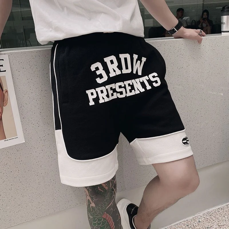 2022 Summer Men's Casual Letter Print Striped Patchwork Streetwear Shorts Korean Fashion Loose All-match Sports Five-point Pants