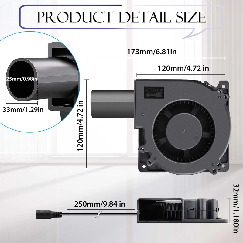 Gdstime-ventilador Portátil Industrial Grande Ventilador Turbo de ar dc 12v Bola Radial 12cm 120x32 mm com Adaptador de Alimentação para Churrasqueira Brinquedo Inflável - Imagem 3