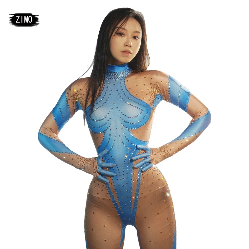 

glitter rhinestones Print blue black sexy Jumpsuit Gloves nightclub Party Birthday drag queen pole dance clothing Stage leotard