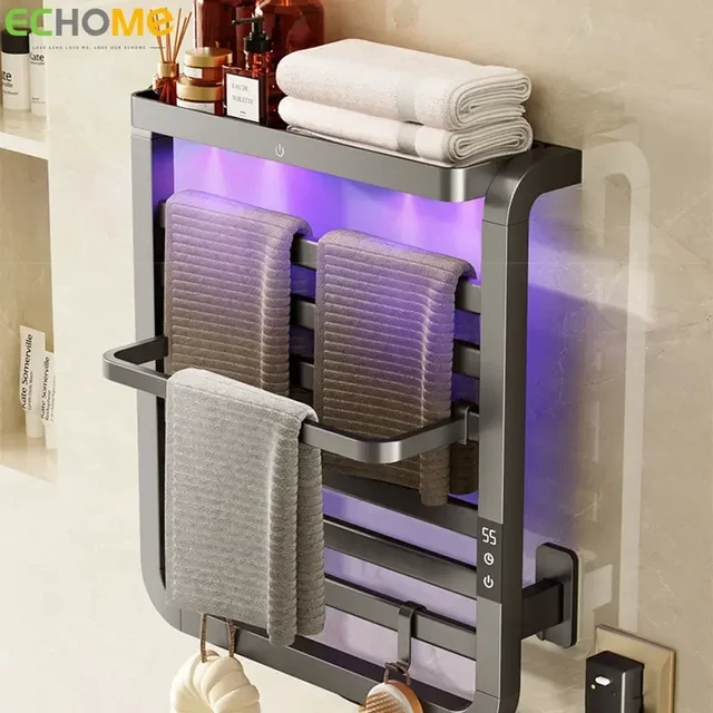Secador de toallas inteligente esterilizador de acero inoxidable,  calentador de toallas con temporizador, toalleros eléctricos de 55° con  estante
