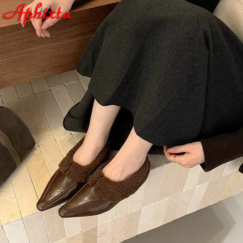 Aphixta Soft Furry Loafers Warm Flat With Women Shoes Slip On Sewing Casual Pointed Toe Flats Short Plush Autumn Winter Loafers