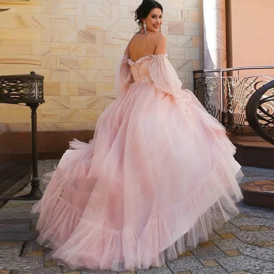 

2024 Puffy Sleeve Tulle Prom Dress Off The Shoulder Lace Applique Pleat Elegant Party Evening Gowns Sweep Train Robes De Soirée