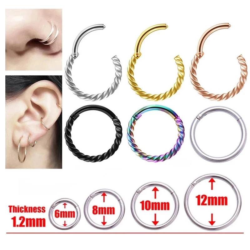 Surgical Steel Septum Ring - 16G/8mm Twisted Hinged Segment Nose Ring Hoop, Clicker Style