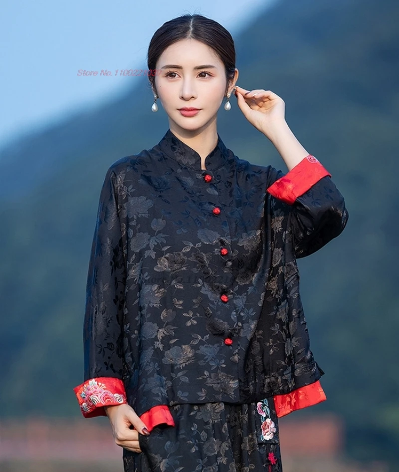 

2024 national flower embroidery vintage coat chinese improved hanfu tops traditional tang suit oriental satin jacquard coat