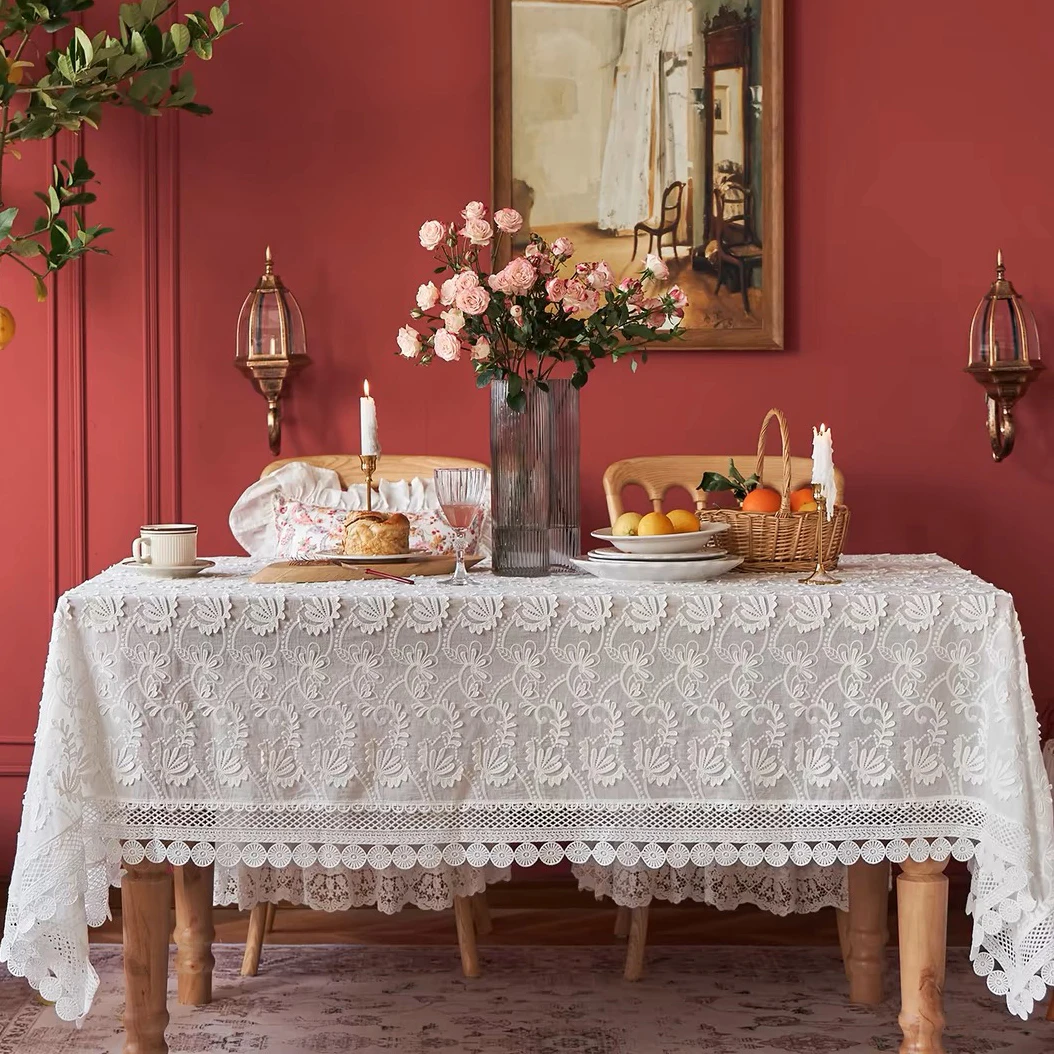thumbnail image 1 of Mantel de encaje de lujo para sala de estar, cubierta de dormitorio, mantel de fiesta, bordado blanco americano, decoración, 1 of 4