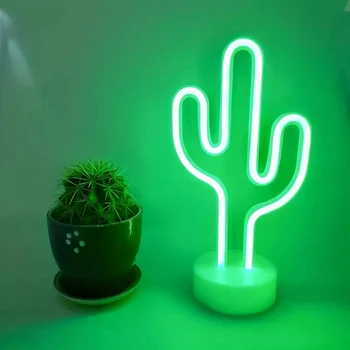 Cactus LED Neon Sign with Base – Green Desk Decor