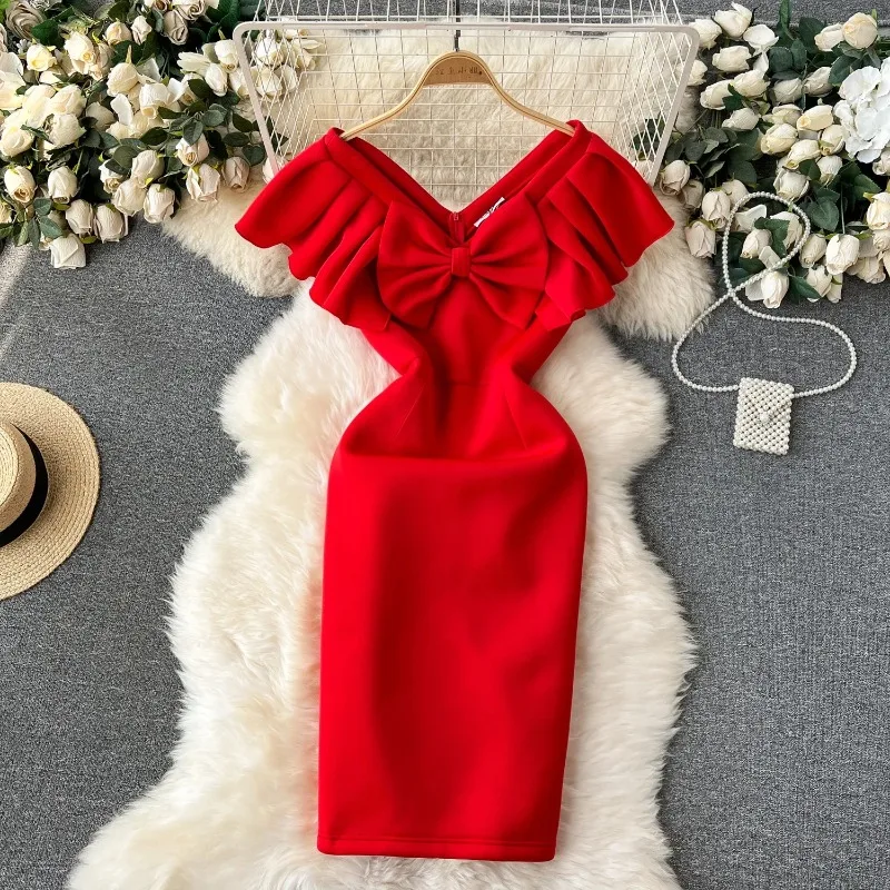 

Women Elegant Sleeveless Three-dimensional Bow Dress Chic Elegant Vestidos Autumn Women Fashion Pencil Ceremonial Dress