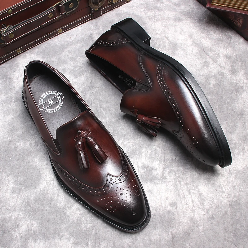 

Genuine Leather Handmade Black Burgundy Mens Loafers With Tassel Man Dress Shoes Wedding Braid Party Mens Oxford Brogue Shoe