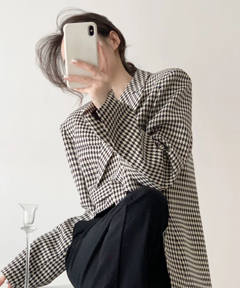 Houndstooth Plaid Blazer Women’s Black Irregular Suit Jacket Streetwear Korean Ribbon Cropped Womens Coat Office Lady Elegant Striped Jackets Outwear Plus size Blazers for Woman 