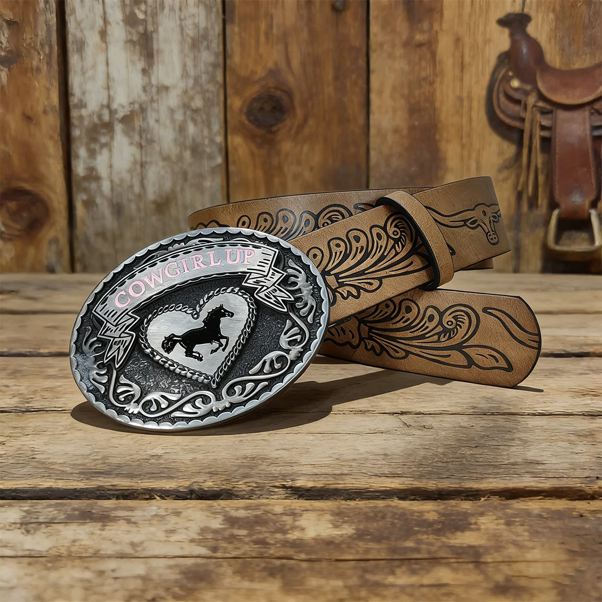 Plus Size Unisex Western PU Leather Vintage Belt with Bull Decoration and Horse Buckle