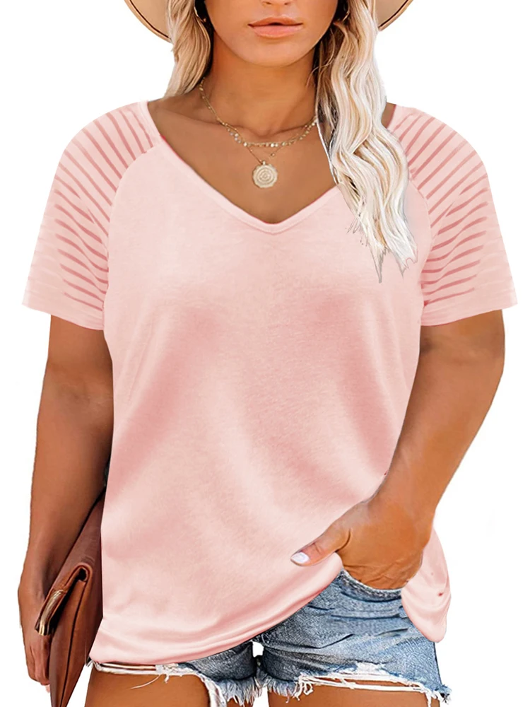 Plus Size Women T-shirt 2023 Summer Short Sleeved Loose Fit V Neck Casual Top Tee Feminino Plus Size Tops for Women plus size 3xl women elegant leisure casual t shirt model cats print o neck loose women s basic tops 2021 summer tees shirt femme