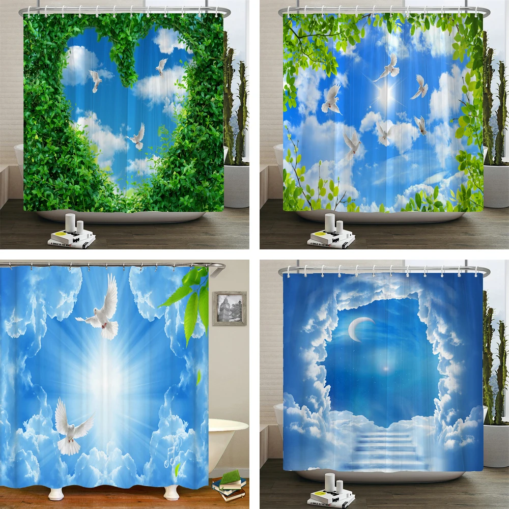 

Занавеска для душа с натуральными голубыми и белыми искусственными растениями, декоративная Водонепроницаемая занавеска для ванной комнаты, домашний декор