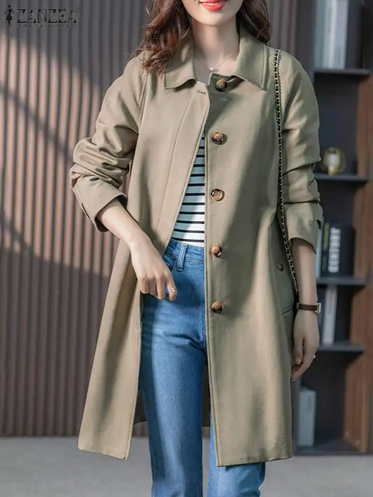 

ZANZEA Vintage OL Office Windbreak Fashion OL Trench Jackets Autumn Long Sleeve Lapel Neck Coat Woman Elegant Solid Outwear 2023