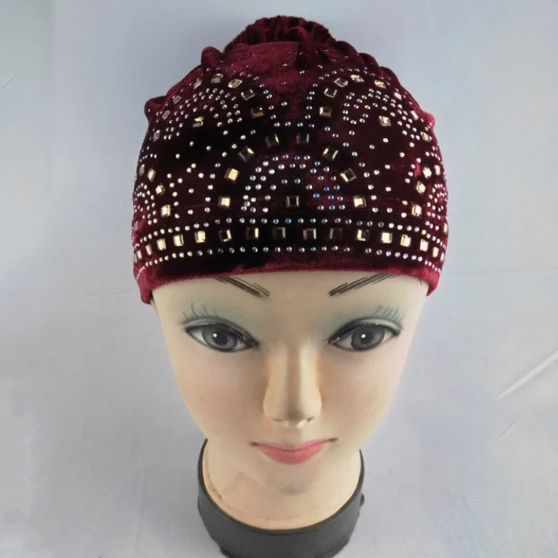 Middle Eastern Muslim Women's Velvet Headscarf Hat Fashionable Rhinestone Hair Care Hat Arabic Pullover Care Hat 3