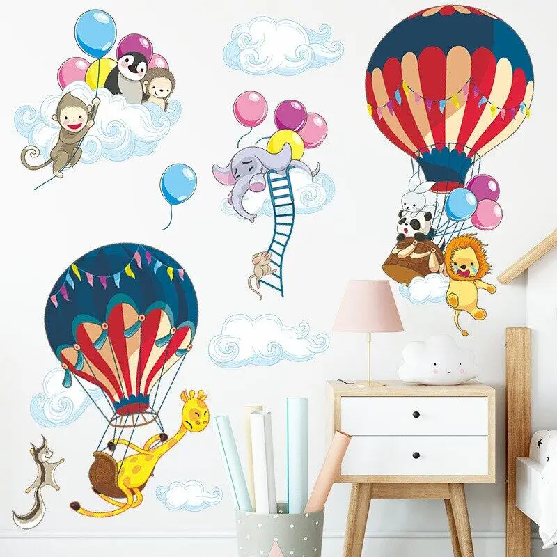 

New Cartoon Animal Wall Stickers Hot Air Balloon Giraffe Lion Elephant Children's Bedroom Wall Decoration Living Room Home Decor