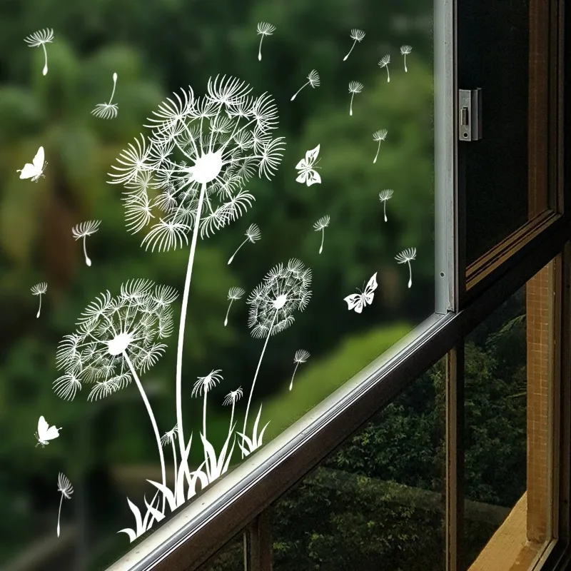 White Dandelion Butterfly Wall Sticker Electrostatic Glass Sticker Double-sided Visible Decorative Hollow Wall Sticker Windows