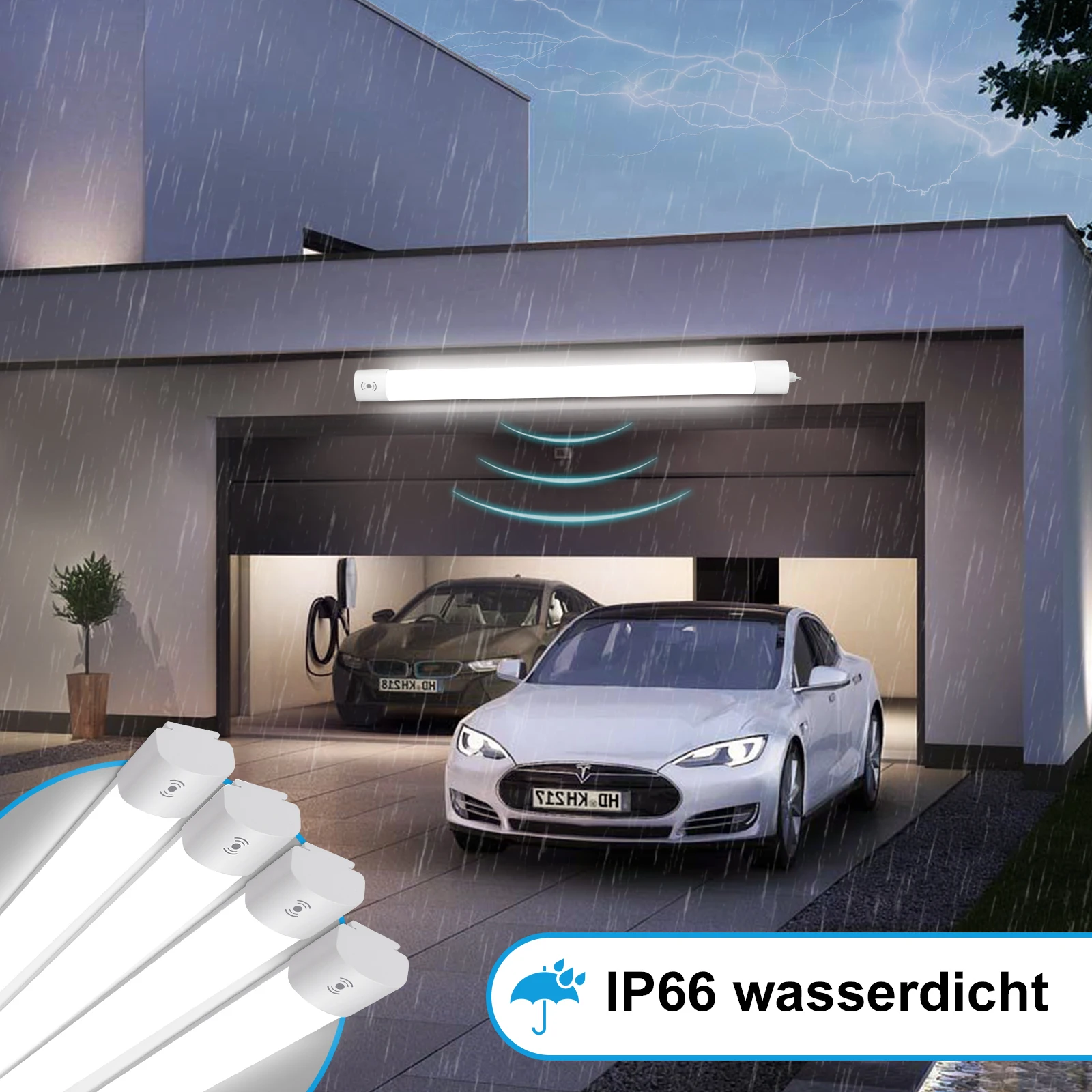 Moisture-proof light with motion detector, LED tube light, 4000K neutral white light, IP66 waterproof LED ceiling light