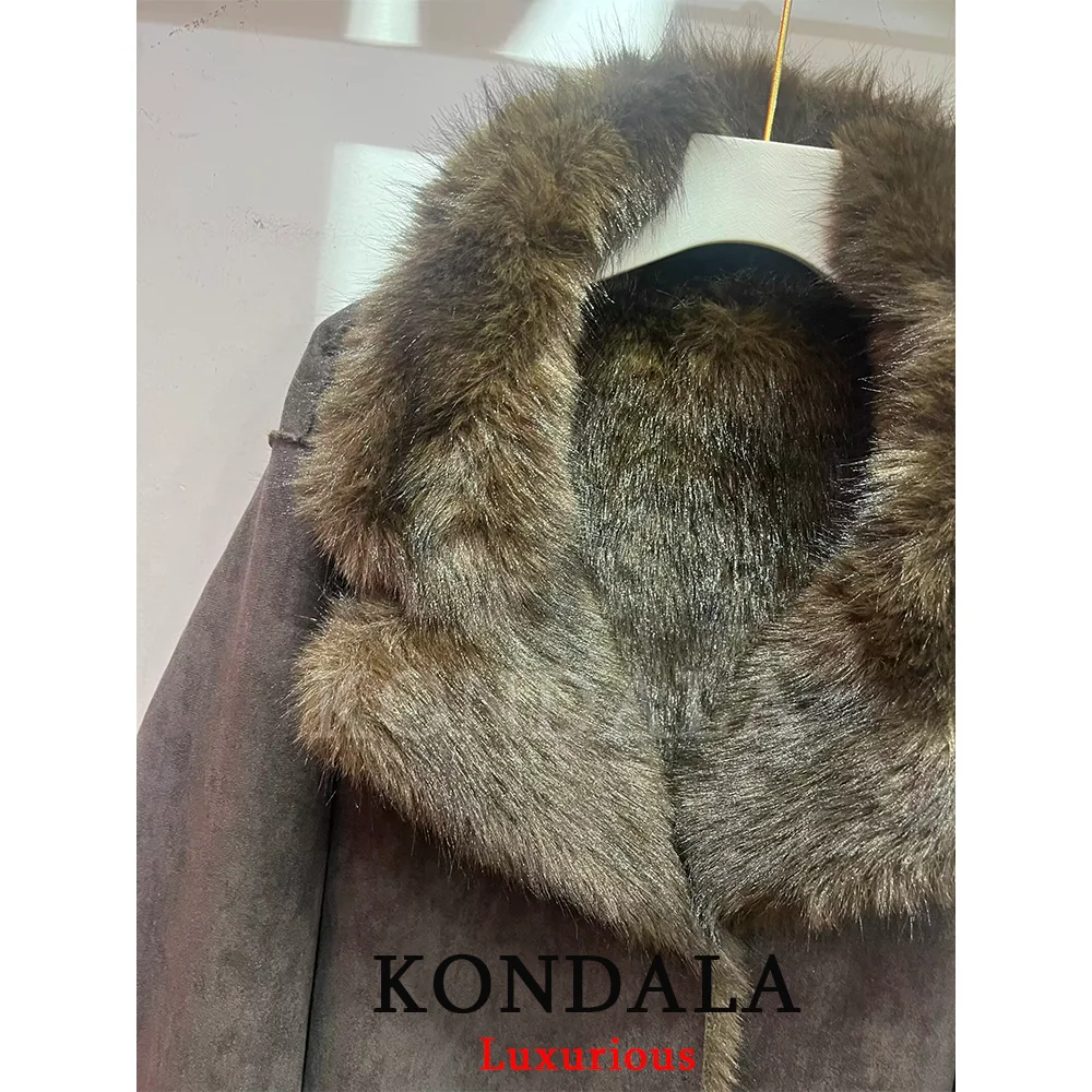 Brown Leather Fur Coat - Women's Casual Winter Jacket With Buttons & Pockets