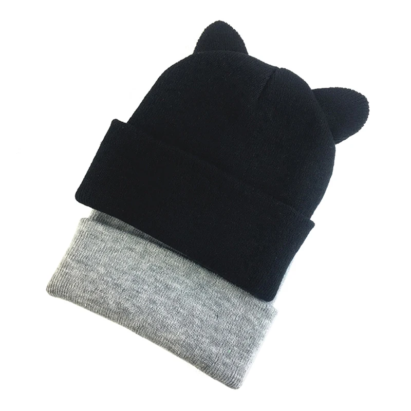 Gorro de lana con orejas de gato, gorro de punto, bonito, cálido e informal, diseño de moda, color gris y blanco, 1 unidad