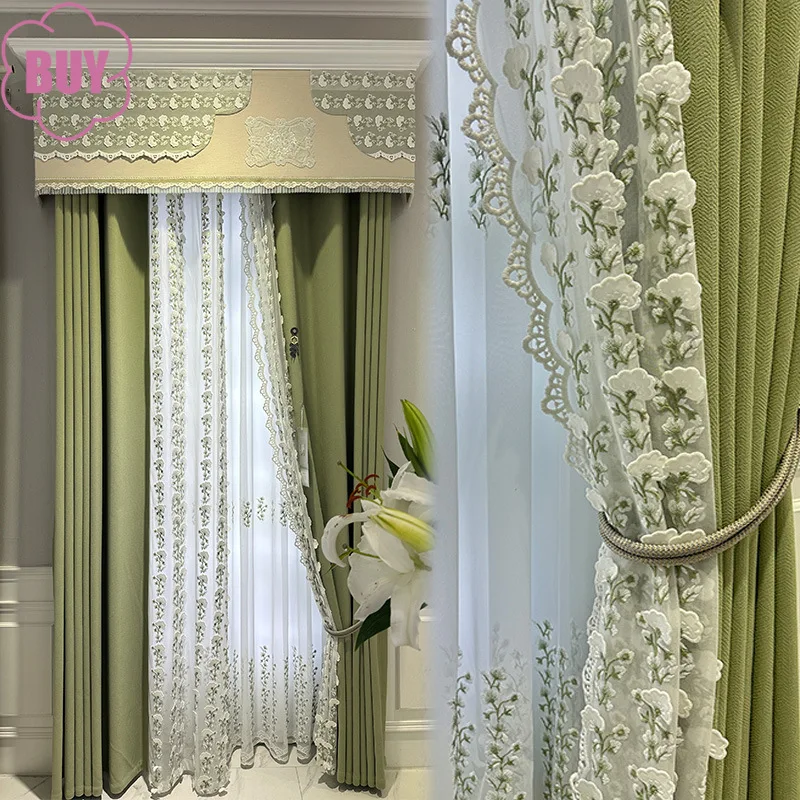 

Customized Embroidered Lace Screen Green Chenille Jacquard Splicing Thickened Blackout Curtains for Bedroom Living Room Balcony