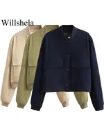 Willshela Women Fashion Solid Bomber Jackets Coat With Pockets V-Neck Single Breasted Long Sleeves Female Chic Lady Outfits 1