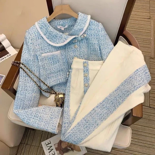 Spring Fashion Elegant Peter Pan Collar Chic Tassel Vintage Women Coat Blue Tweed Jacket High Waist Long Pants New Two Pieces 1
