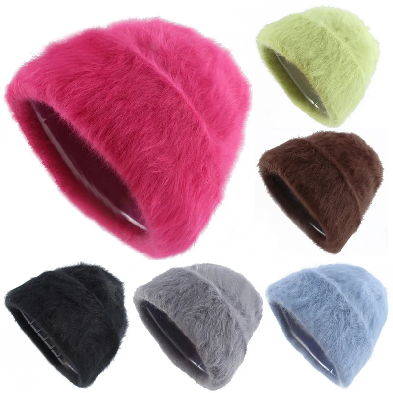 

Autumn Winter Rabbit Fur Knitted Hat Fashion Women Thcken Warm Beanies Female Soft Skullies Cap For Couple