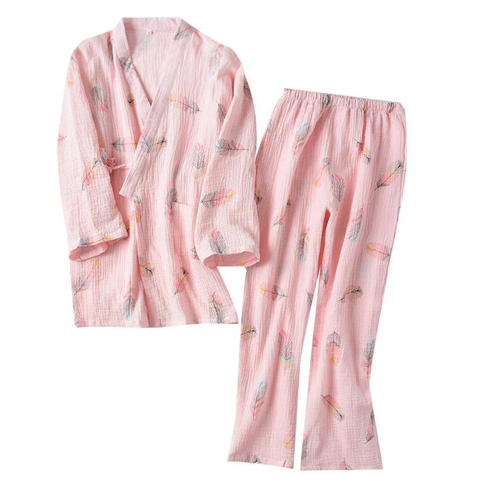 

Women's Pajamas Washed Pure Cotton Yarn Trousers Spring And Autumn Cardigan Tied Rope Japanese Kimono Home Wear Sweat Thin