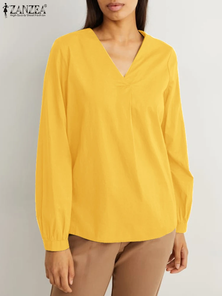 

Женская рубашка ZANZEA Осень 2023 Блузка с V-образным вырезом модные однотонные плиссированные праздничные Топы повседневные свободные блузки большого размера