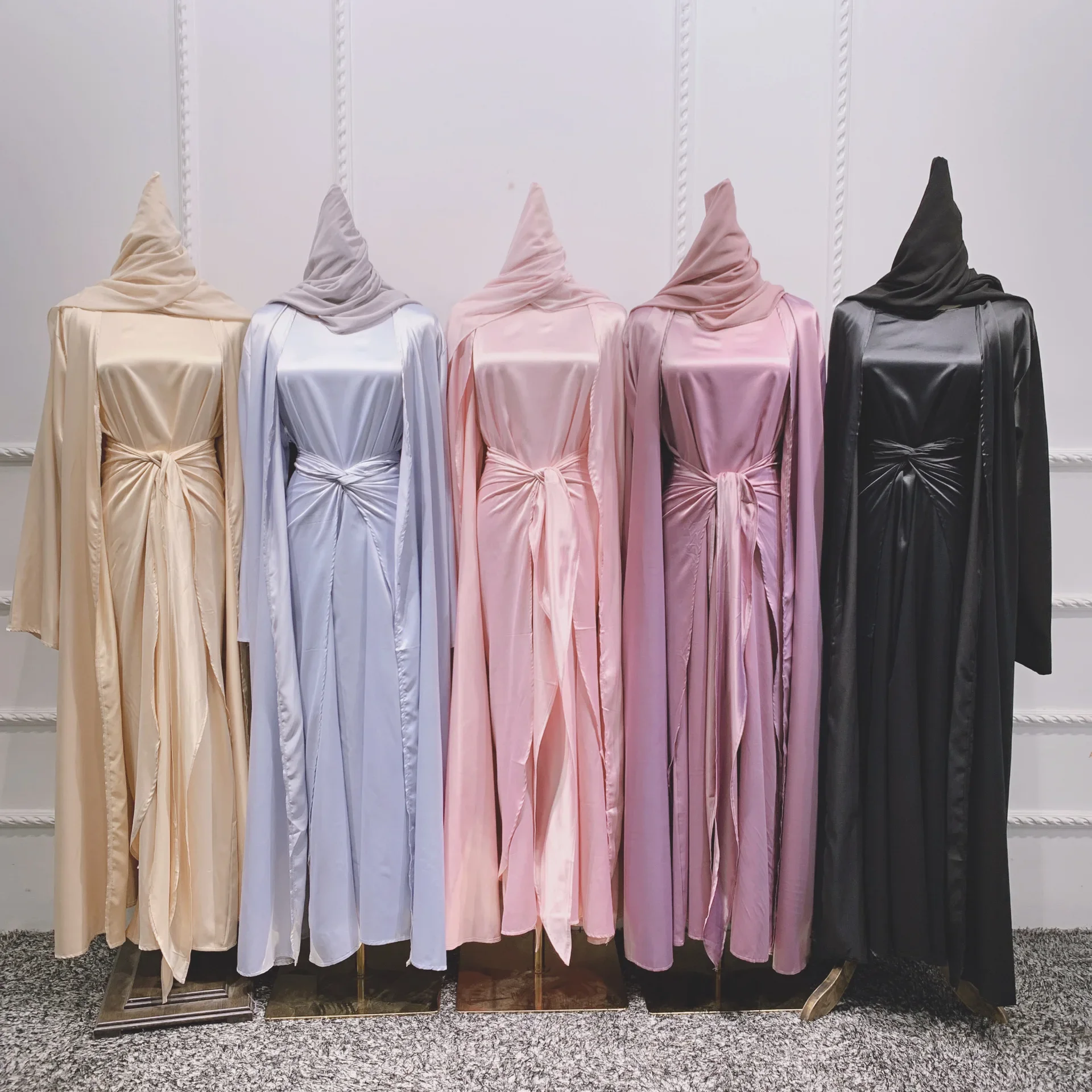 3 Piece Satin Abaya Kimono Muslim Sets Abayas for Women Dubai Turkey Hijab Dress Wrap Skirt Islamic Outfit Ensembles Musulmans